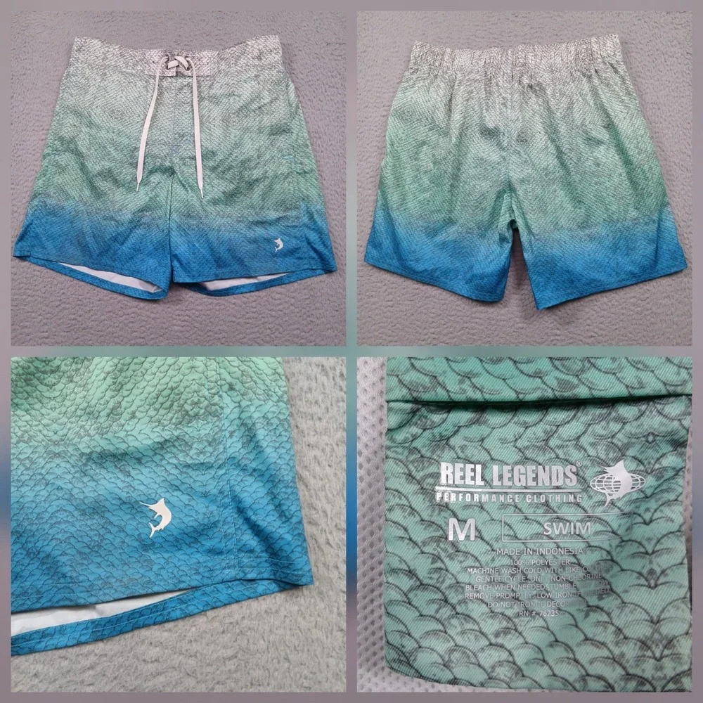 Reel Legends‎ Swim Trunks Mens M Blue Green Fish Scale Performance Board Short